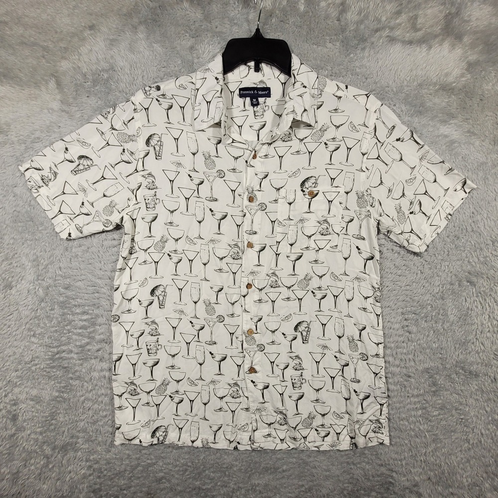 Preswick & Moore Shirt Mens Medium Cocktail Print Thin‎ Button Up Short Sleeve